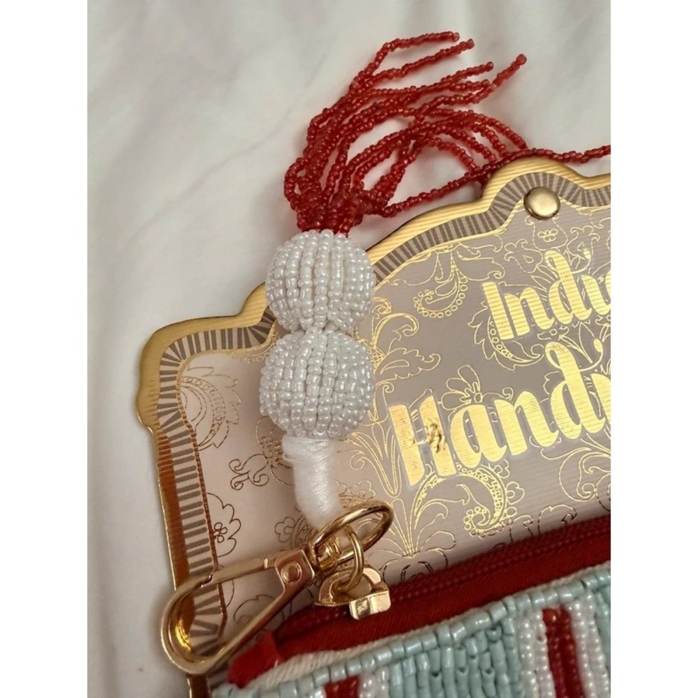 NEW India Handmade Beaded Striped Clutch Tassel Bag Blue Red White Medium Size - Picture 4 of 6